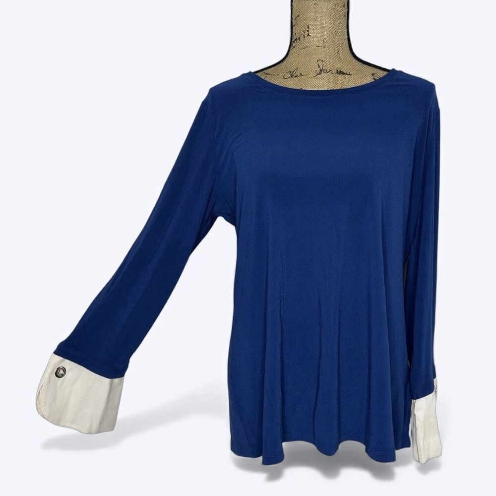 Susan Graver Liquid Knit Top Blue Off White Contrast Cuff Office Casual Sz L